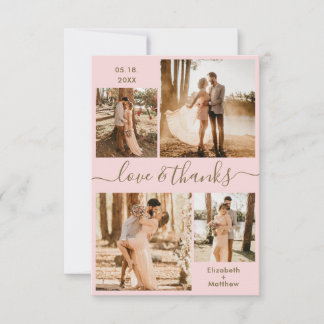 Carte De Remerciements Love and Thanks Script Pink Gold Collage Mariage
