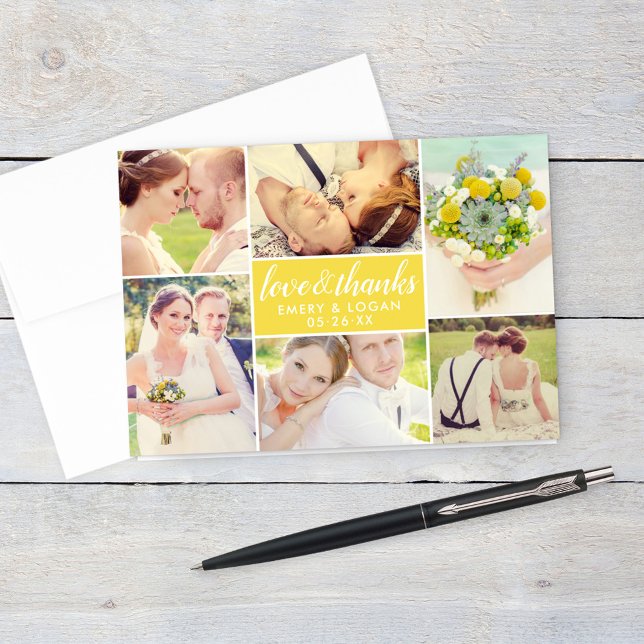 Carte De Remerciements Love and Thanks Yellow Mariage Photo Collage (Créateur téléchargé)