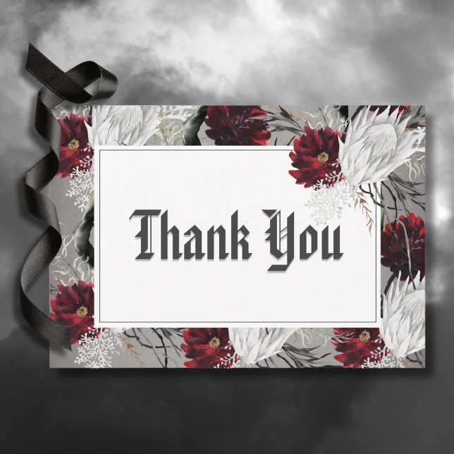 Carte De Remerciements Love & Bones Éffrayant Rouge Floral Mariage (Love & Bones Spooky Red Floral Wedding Thank You Card)