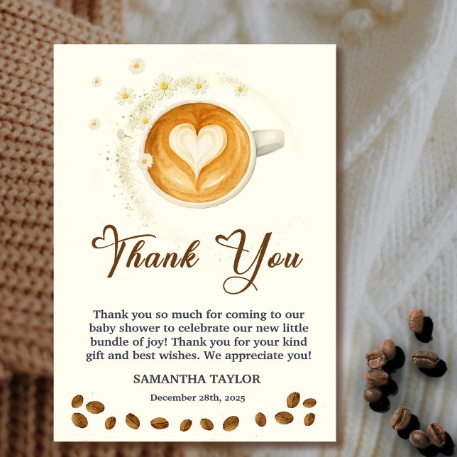 Carte De Remerciements Love is Brewing Baby Shower Thank You Crad (Love is Brewing Baby Shower Thank You Crad #zazzlemade #thankyoucard #babyisbrewing #coffeeanddaisy)