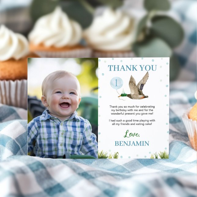 Carte De Remerciements Lucky Mallard Duck Boy Photo Anniversaire (Créateur téléchargé)