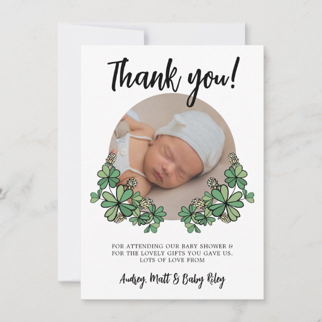 Carte De Remerciements Lucky White Clovers Baby shower photo (Devant)