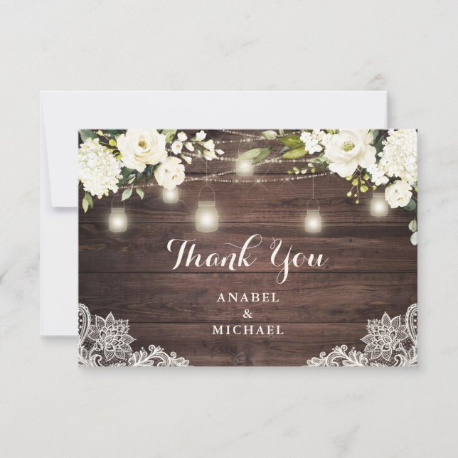 Carte De Remerciements Lumière de mariage à cordes Fleur blanche en dente (Devant)