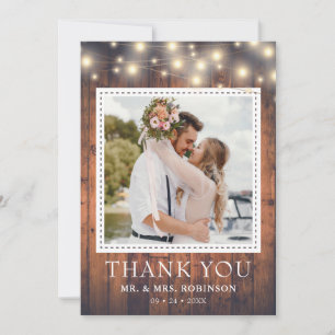Carte De Remerciements Lumières à cordes de bois rustique Mariage Photo