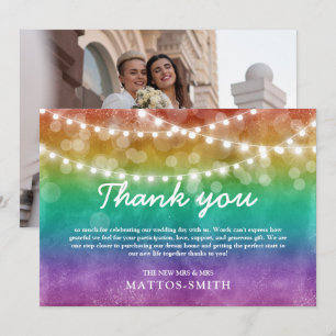 Carte De Remerciements Lumières à cordes ombrées arc-en-ciel Mariage gay 