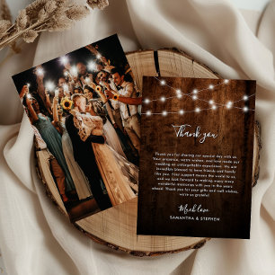 Carte De Remerciements Lumières à cordes rustiques, Mariage photo et bois