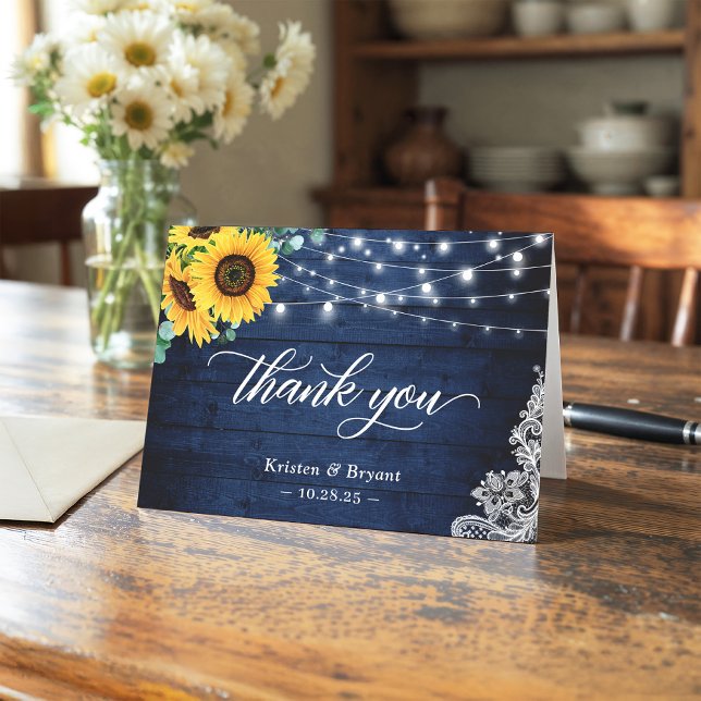 Carte De Remerciements Lumières Guirlande Fleur de Tournesol Bleu Marine  (Créateur téléchargé)
