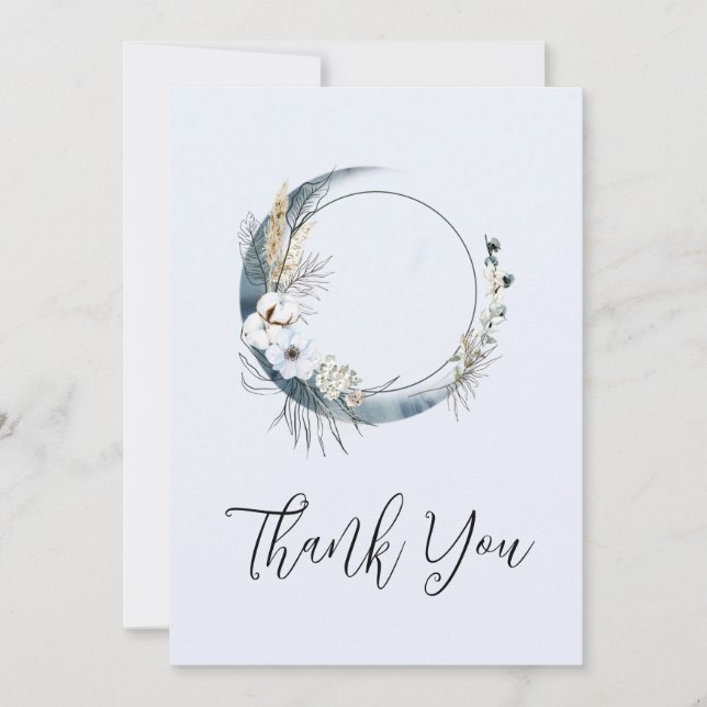 Carte De Remerciements Lune de croissant bleu avec fleurs blanches (Devant)