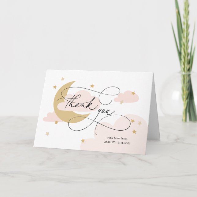 Carte De Remerciements Lune et étoiles Baby shower de script rose (Devant)