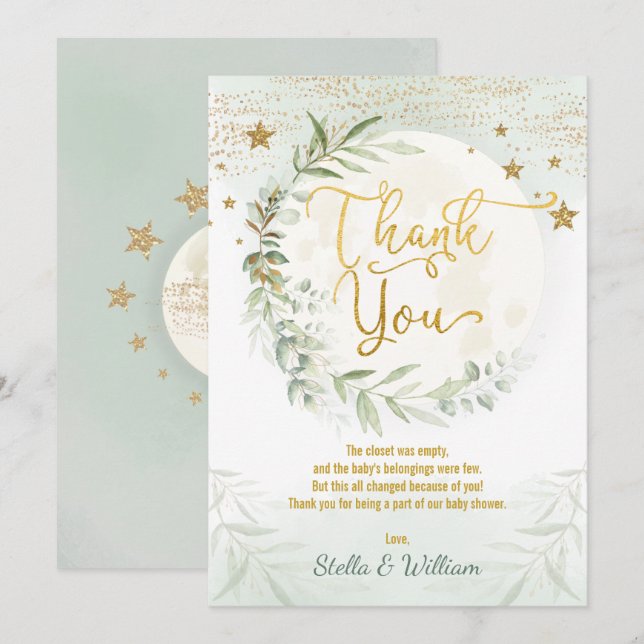 Carte De Remerciements Lune Twinkle Stars Verdure Baby shower Or (Devant / Derrière)