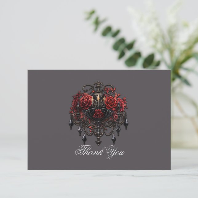 Carte De Remerciements Lustre gothique noir complexe avec roses (Debout devant)