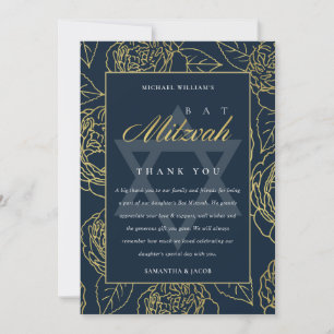CARTE DE REMERCIEMENTS LUX ELEGANT MARINE OR ROSE FLORAL BAT BAR MITZVAH
