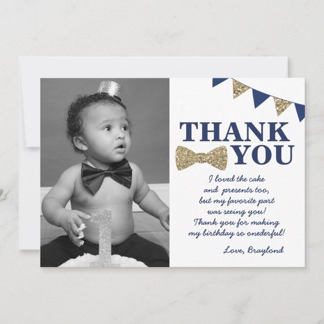 Carte De Remerciements M. Onederful Bleu et Or Premier anniversaire Photo (Devant)