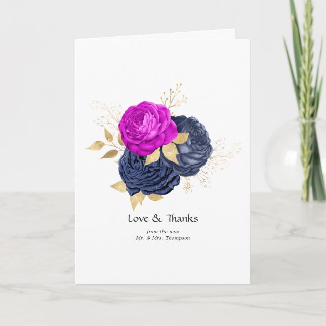 Carte De Remerciements Magenta Navy et Gold Floral Mariage (Devant)