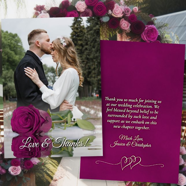 Carte De Remerciements Magenta Plum Rose Mariage élégant superposition ph (Front/Back)
