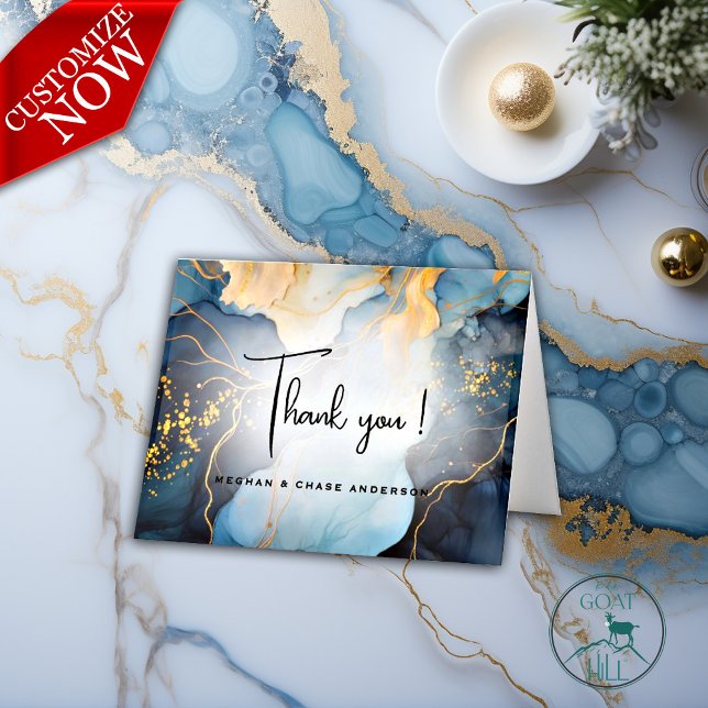 Carte De Remerciements Magnifique Indigo Blue et Gold Abstrait (Easy to customize template)