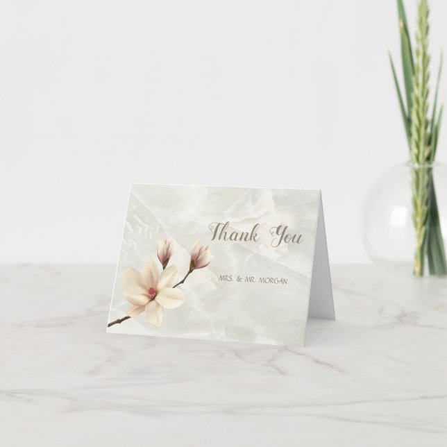 Carte De Remerciements Magnolia Chic Élégant, Marbre Blanc (Devant)