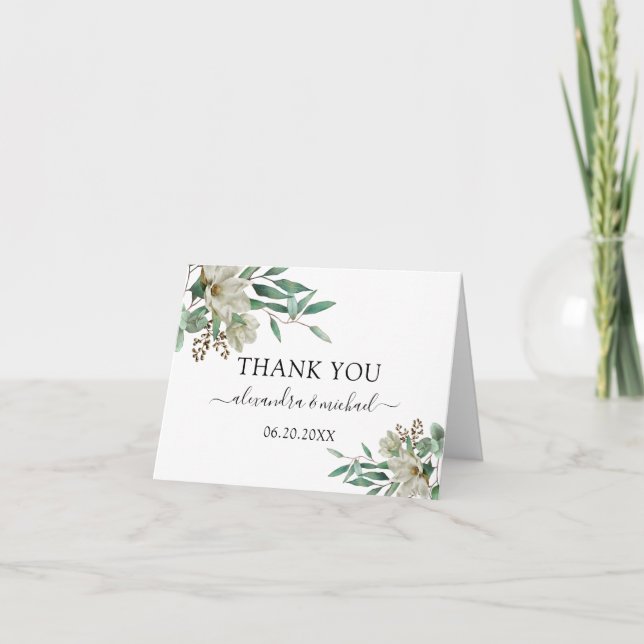 Carte De Remerciements Magnolia Eucalyptus Aquarelle Mariage élégant (Devant)