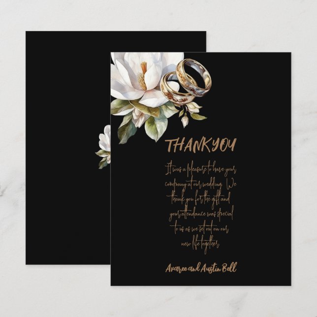 Carte De Remerciements Magnolia Mariage Bagues or et Mariage noir (Devant / Derrière)