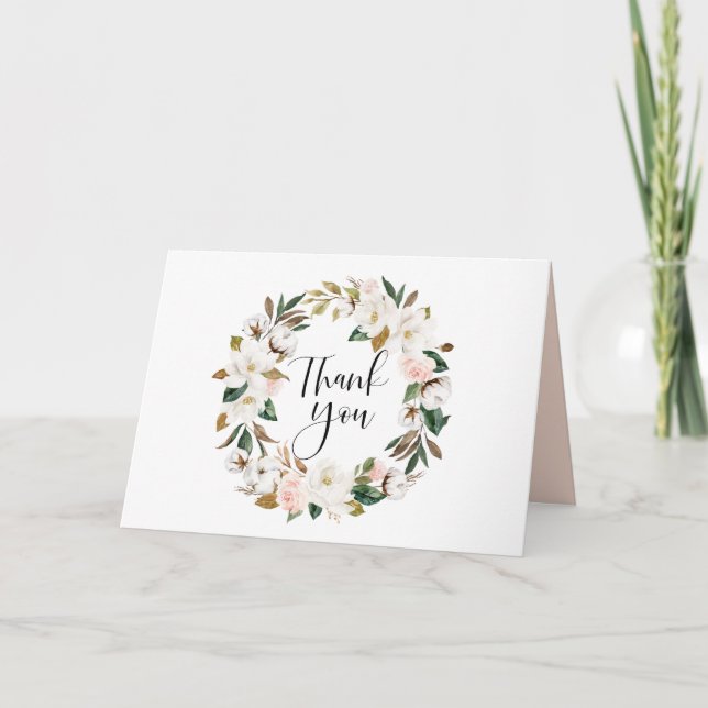 Carte De Remerciements Magnolias aquarelle et couronne de coton pour mari (Devant)