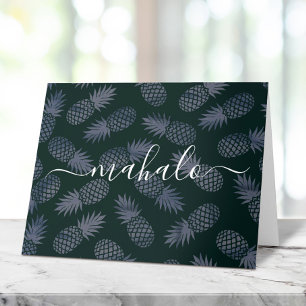 Carte De Remerciements Mahalo marine bleu tropical ananas script motif