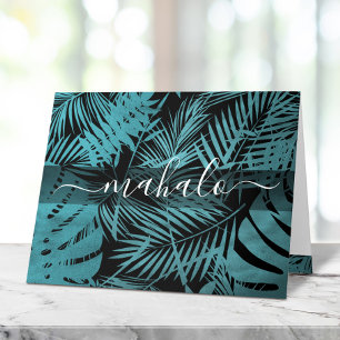 Carte De Remerciements Mahalo turquoise feuille de palme tropicale script