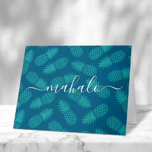 Carte De Remerciements Mahalo turquoise turquoise script d'ananas tropica