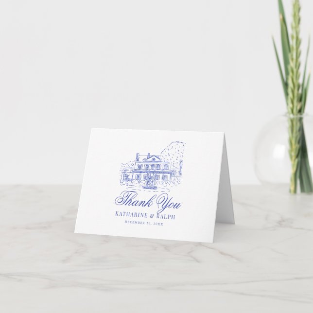Carte De Remerciements Maison coloniale bleue / Mansion / Manoir Mariage (Devant)