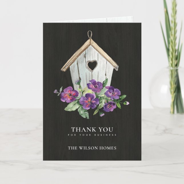 CARTE DE REMERCIEMENTS MAISON D'OISEAU FLORALE EN BOIS NOIR IMMOBILIER (Devant)