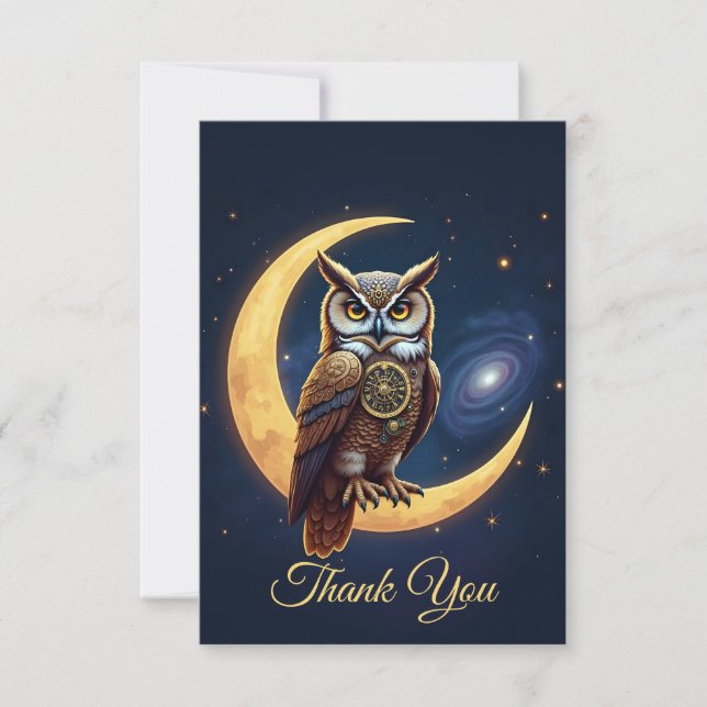 Carte De Remerciements Majestic Clockwork Owl Perched On A Crescent Moon (Devant)