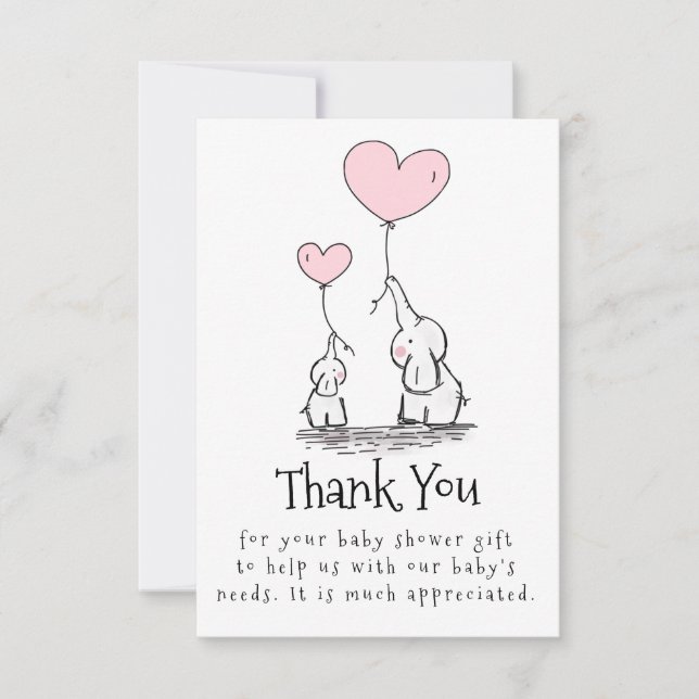 Carte De Remerciements Maman et bébé éléphant avec Baby shower à ballons (Devant)