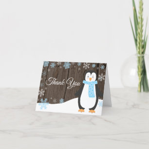 Carte De Remerciements Manchot flocon de neige bleu d'hiver rustique