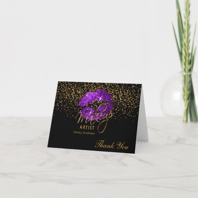 Carte De Remerciements Maquillage Artiste Lèvres violettes sur Noir (Devant)