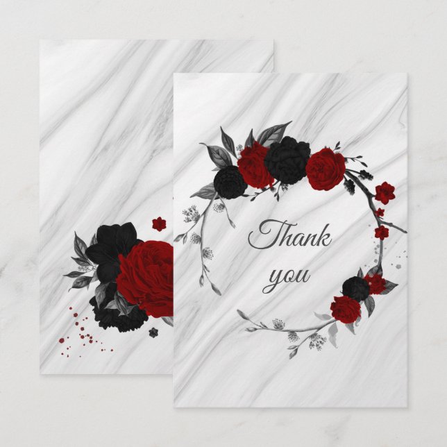 Carte De Remerciements marbre botanique des fleurs noires et rouges (Devant / Derrière)