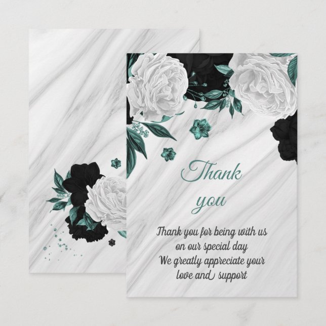 Carte De Remerciements marbre botanique noir blanc et turquoise (Devant / Derrière)