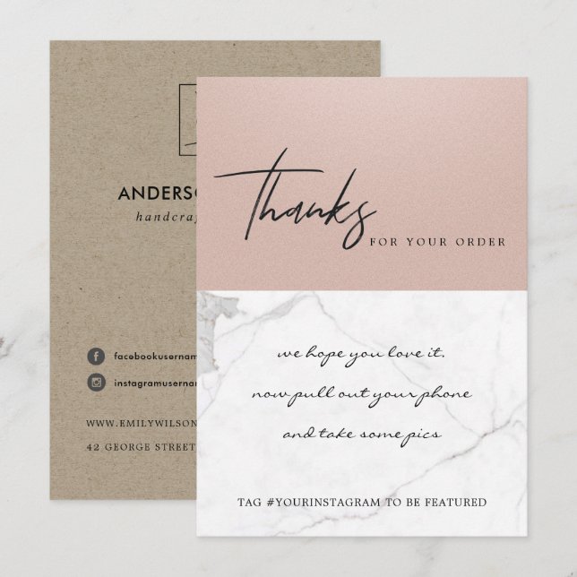 CARTE DE REMERCIEMENTS MARBRE ROSE OR TEXTURE ENTREPRISE LOGO D'ENTREPRIS (Devant / Derrière)