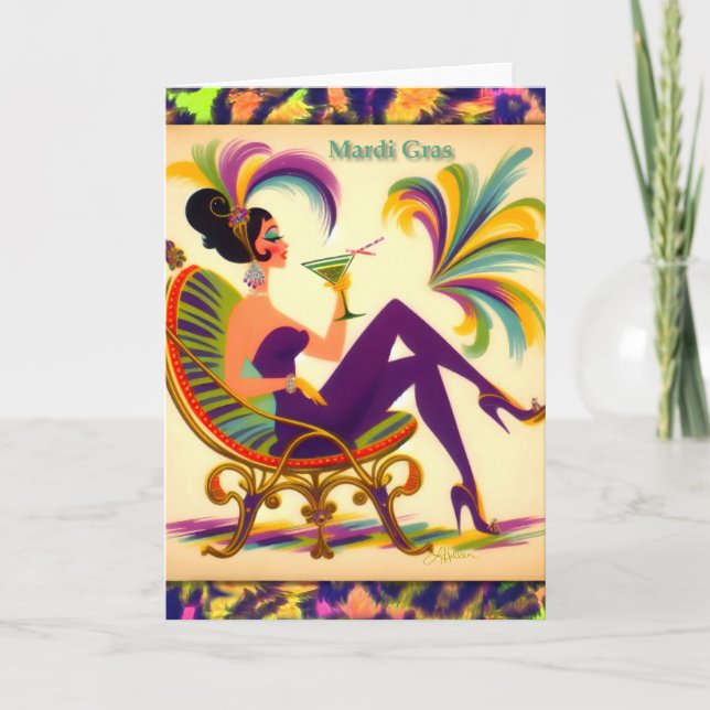 Carte De Remerciements Mardi Gras Femme Au Milieu Du Siècle Avec Martini (Devant)