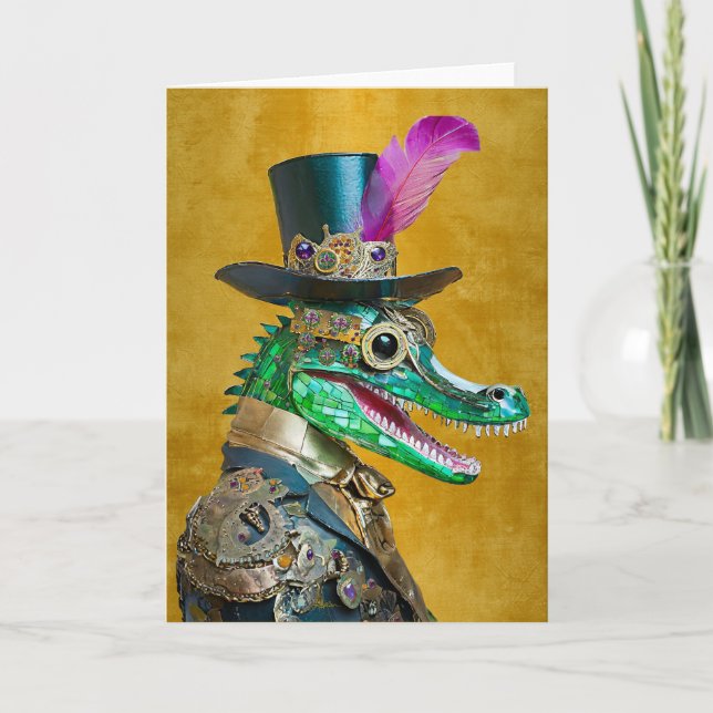 Carte De Remerciements Mardi Gras Steampunk Party Animal Alligator (Devant)