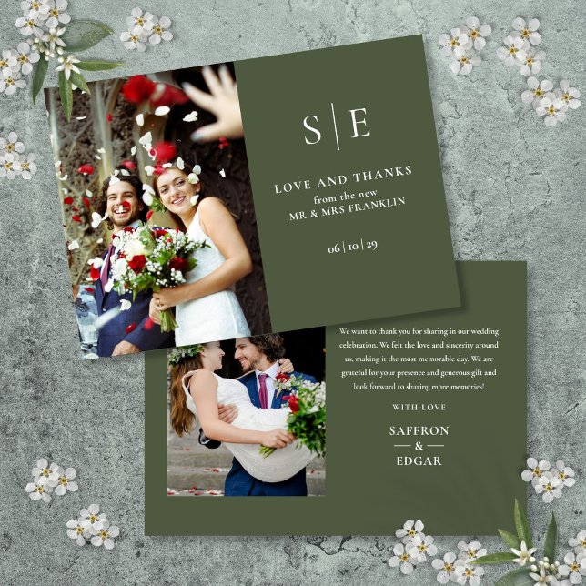 Carte De Remerciements Mariage 2 Photos Monogram Vert Olive (Olive Green Monogram 2 Photo Wedding Thank You Card)