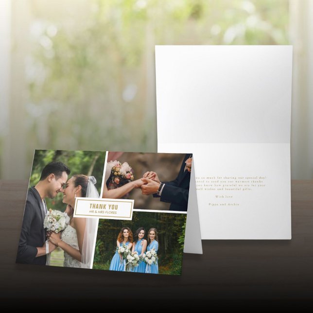 Carte De Remerciements Mariage 3 Photo Collage Moderne Élégant (Wedding 3 Photo Collage Modern Elegant Thank You Card)