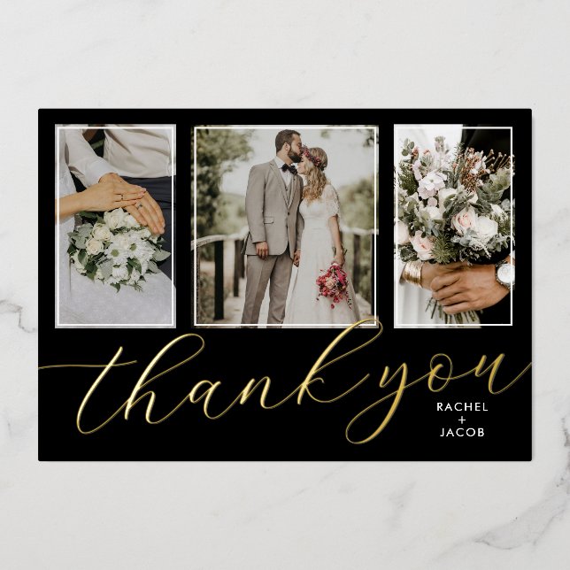 Carte de remerciements Mariage 3 photos Gold Foil  (Recto)