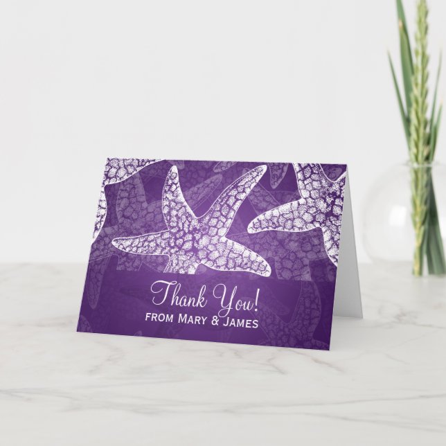 Carte De Remerciements Mariage à la Plage "Merci" Étoile de Mer Violet (Devant)