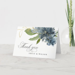 CARTE DE REMERCIEMENTS MARIAGE À L'AQUARELLE FLEURALE BLEU OR VERT FONCÉ