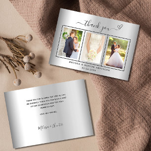 Carte De Remerciements Mariage argent coeur photo simple script élégant
