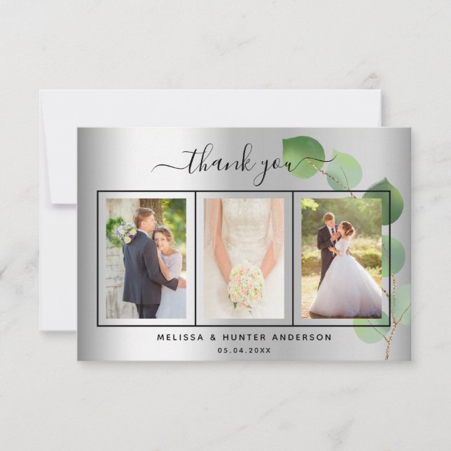 Carte De Remerciements Mariage argent eucalyptus script photo élégant (Devant)