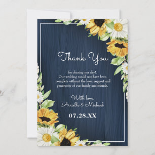 Carte De Remerciements Mariage Arrière - plan Rustic Sunflower Navy Blue 
