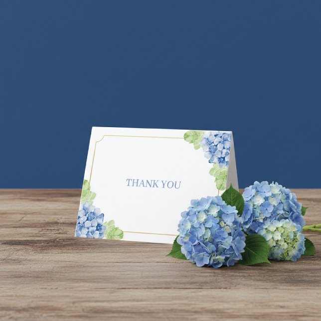 Carte De Remerciements Mariage au cadre doré avec hydrangeas bleus (Créateur téléchargé)