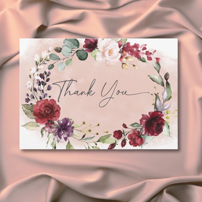 Carte De Remerciements Mariage avec des roses rustiques de Bourgogne et r (Rustic Burgundy & Blush Pink Roses Wedding Thank You Card)