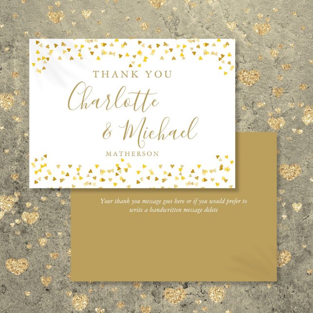 Carte De Remerciements Mariage avec écriture caractéristique de confettis (Gold Hearts Confetti Signature Script Wedding Thank You Card)