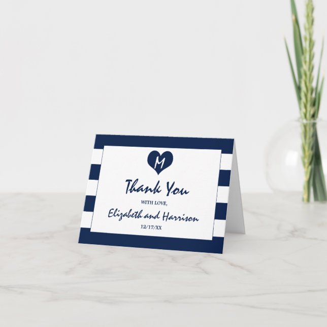 Carte De Remerciements Mariage bleu et blanc de la marine moderne chic (Devant)
